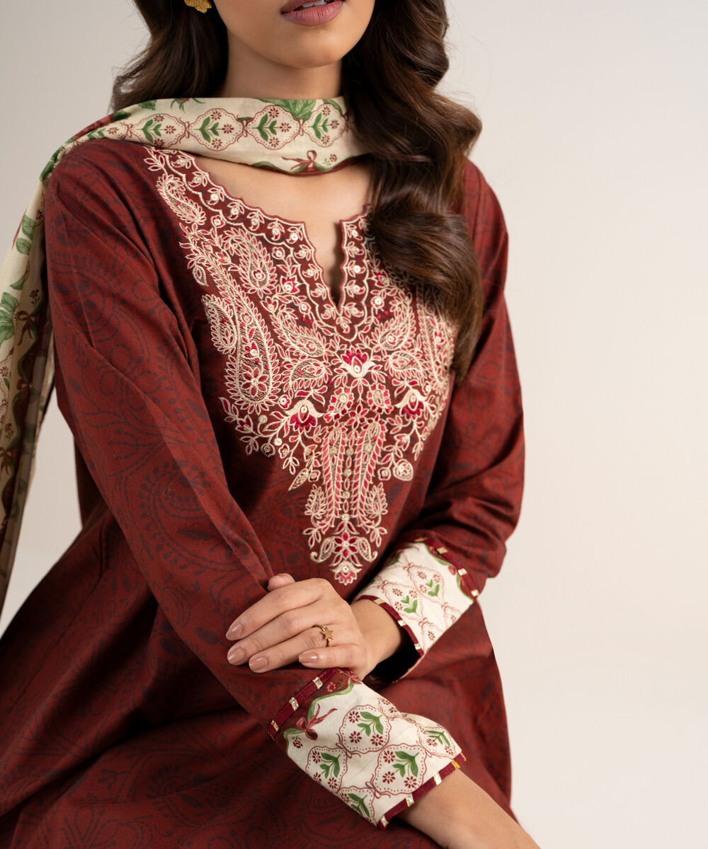 Women's Unstitched Cotton Embroidered Red 3 Piece Suit