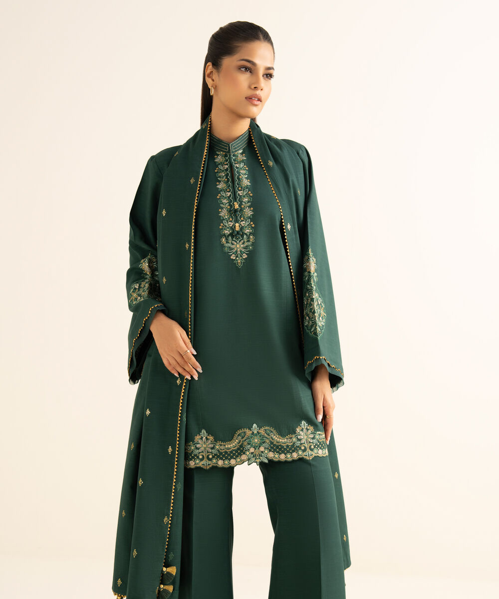 Women's Unstitched Cotton Embroidered Green 3 Piece Suit
