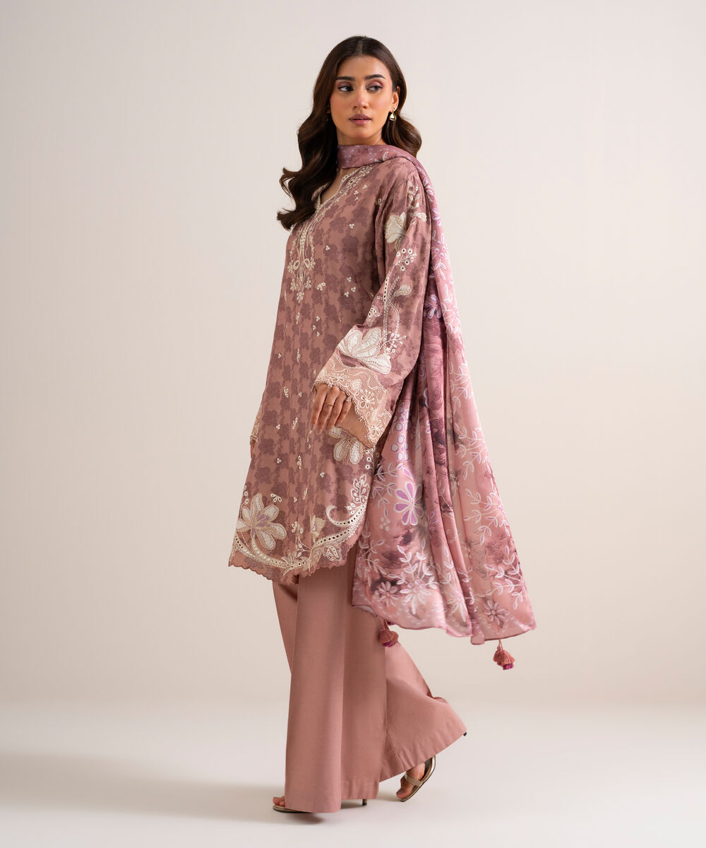 Women's Unstitched Embroidered Linen Jacquard Tea Pink 3 Piece Suit