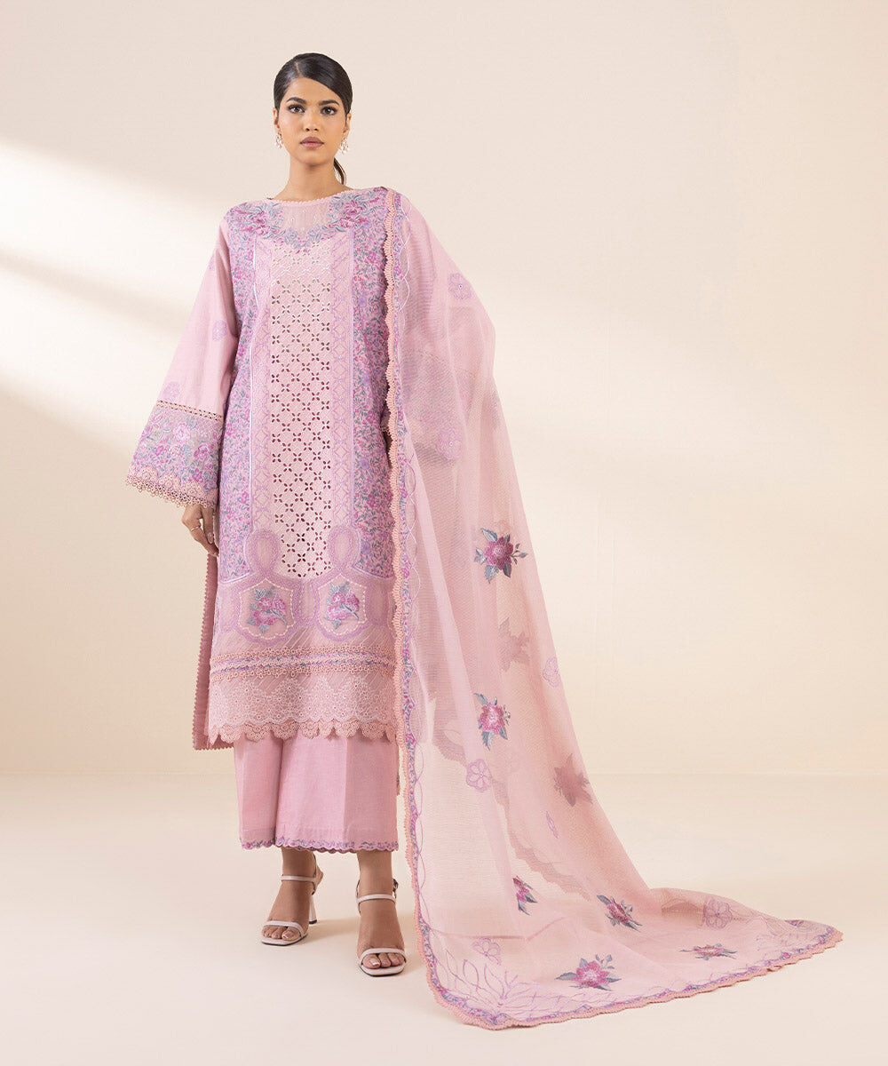 Woman - Pink 3 Piece - Embroidered Cotton Satin Suit