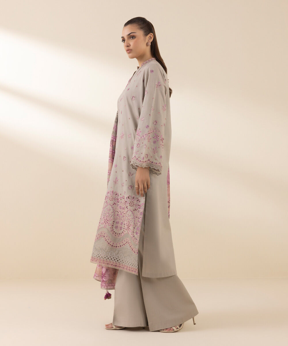 Womens Unstitched Embroidered Beige Three Piece Lawn Suit