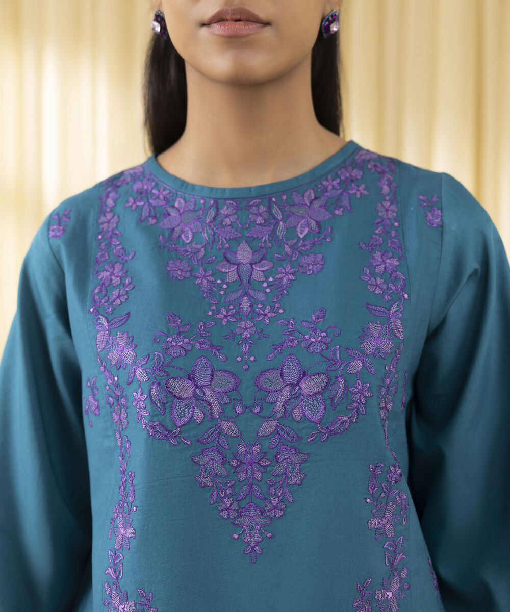 Unstitched Women's Blue Cotton Satin 3 Piece Suit