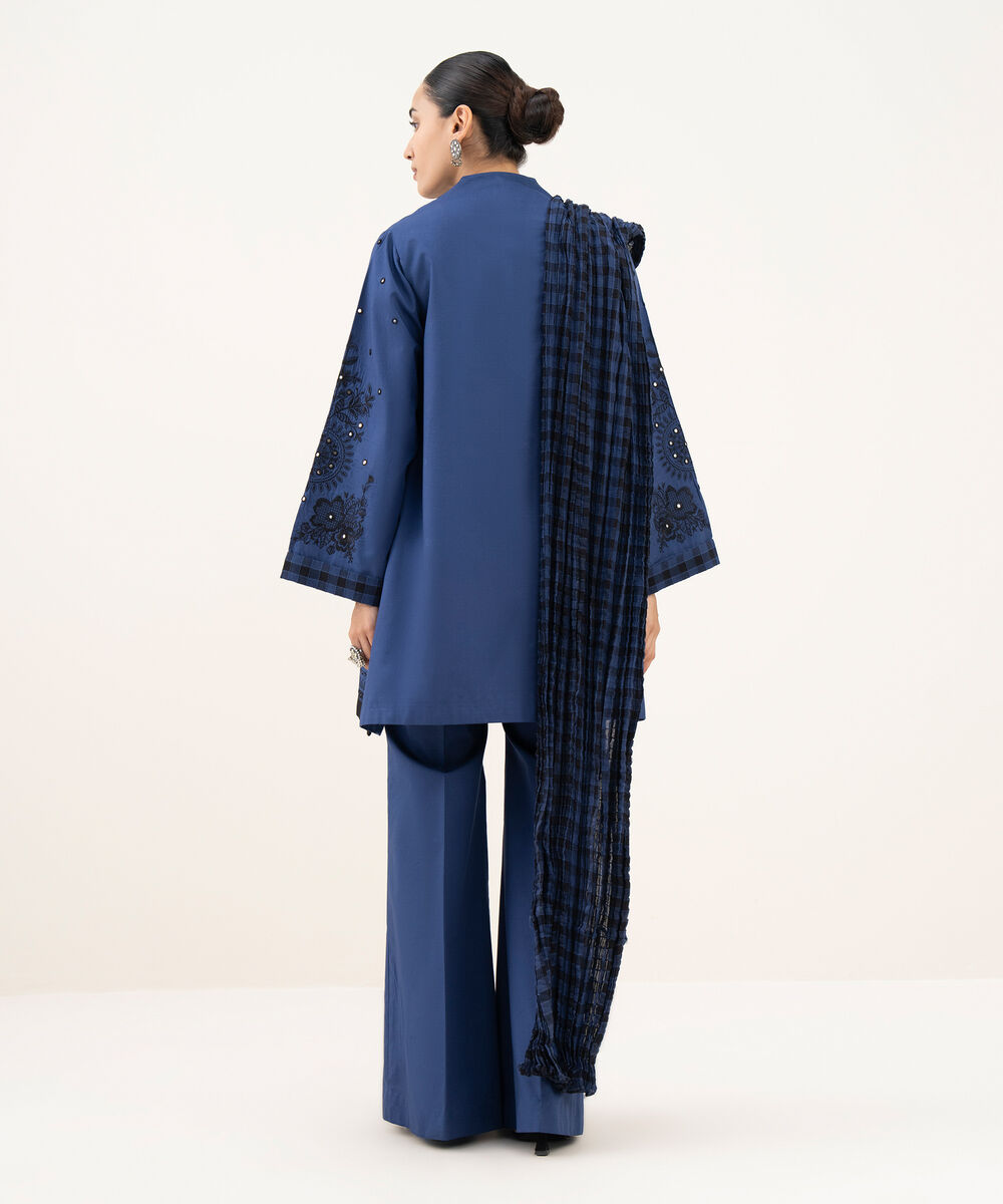 Women's Unstitched Cotton Embroidered Blue 3 Piece Suit