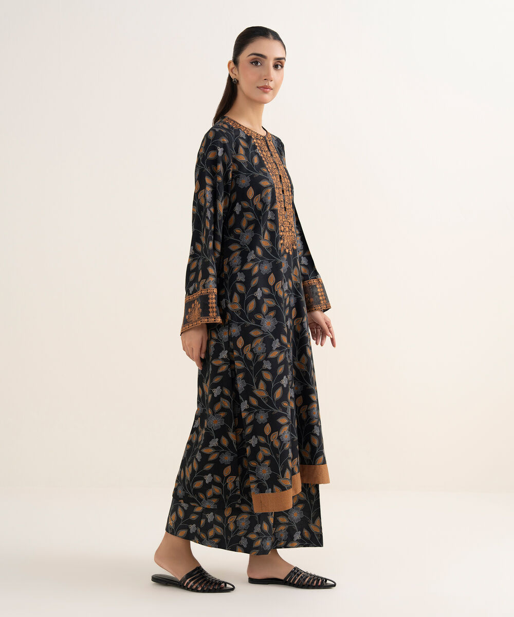 Women's RTW Cotton Embroidered Black A-Line Shirt