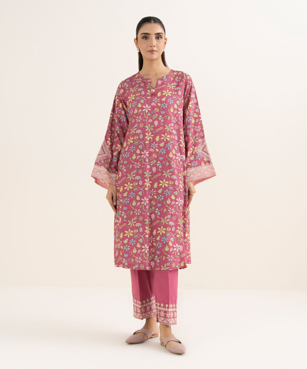 Women's RTW Herringbone Embroidered Pink A-Line Shirt