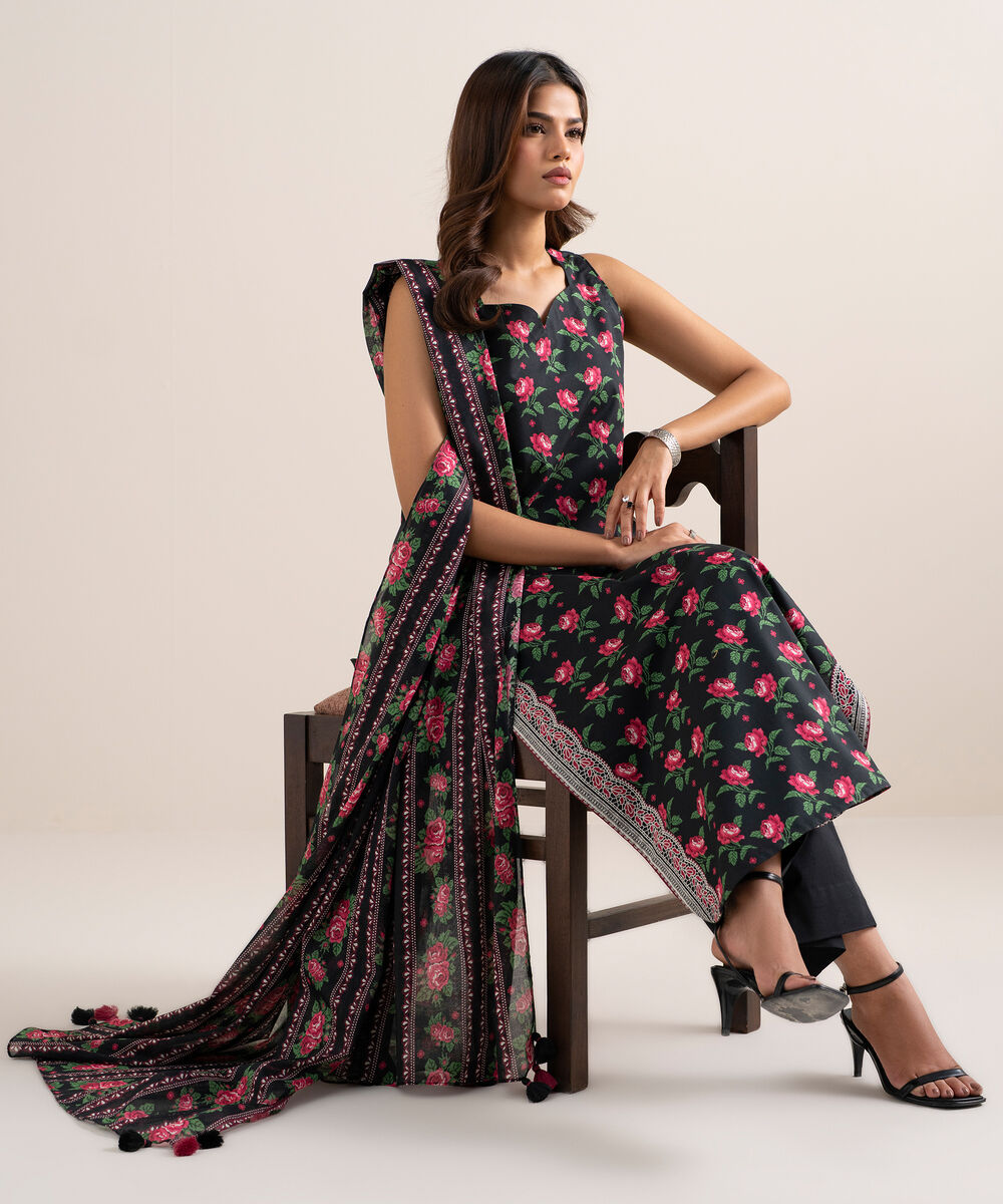 Women's Unstitched Lawn Printed Black 3 Piece Suit
