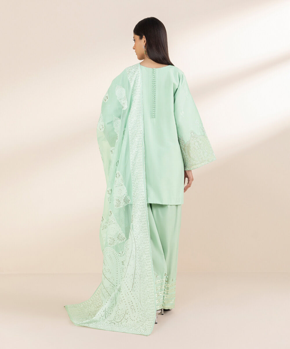 Unstitched Women's Green Chambray Embroidered 3 Piece Suit