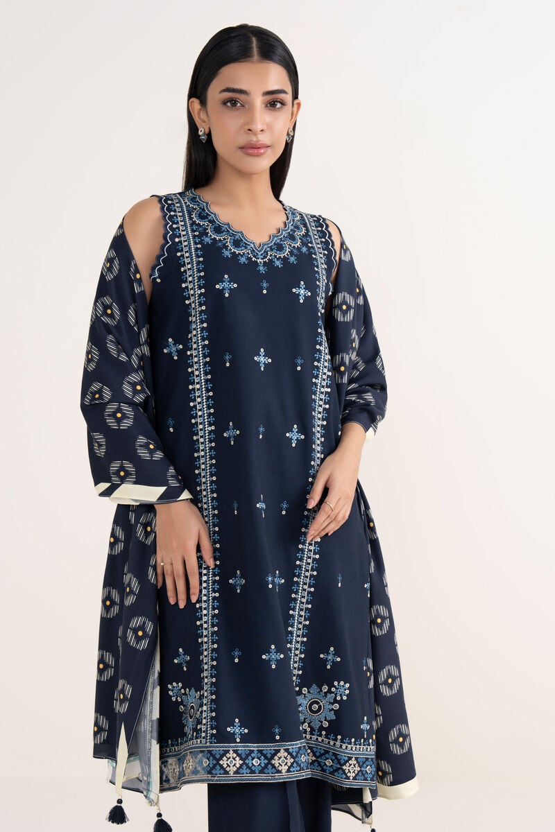 3 Piece -  Embroidered Linen Suit