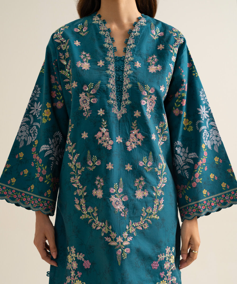 Women's Unstitched Blended Chiffon Embroidered Blue 3 Piece Suit