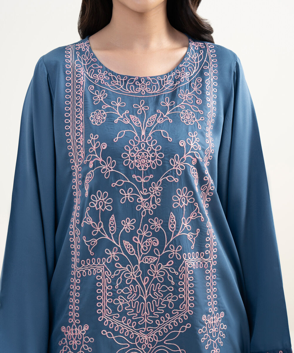 Women's RTW Dobby Embroidered Blue 3 Piece Suit