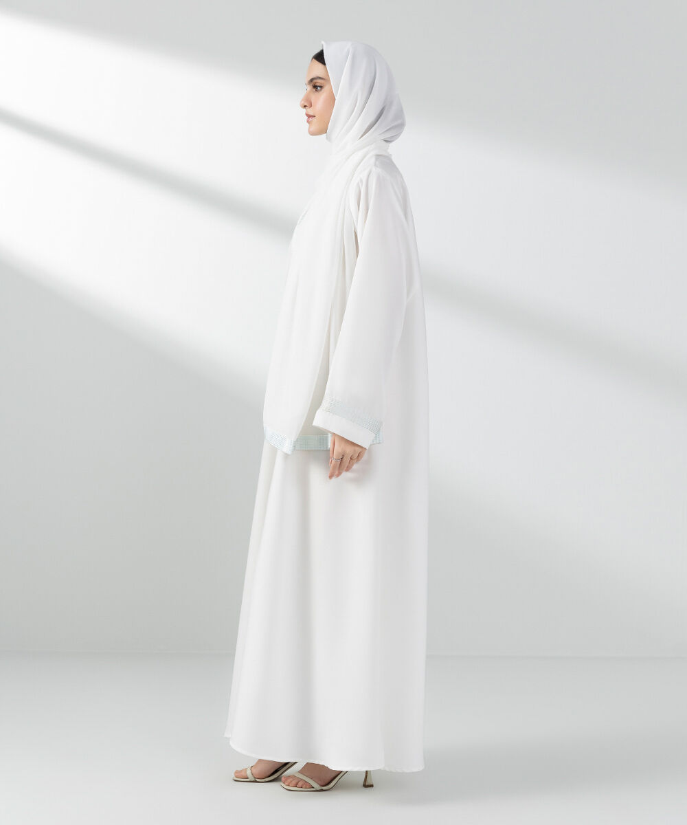 Woman - White Embroidered Button Through Abaya Set