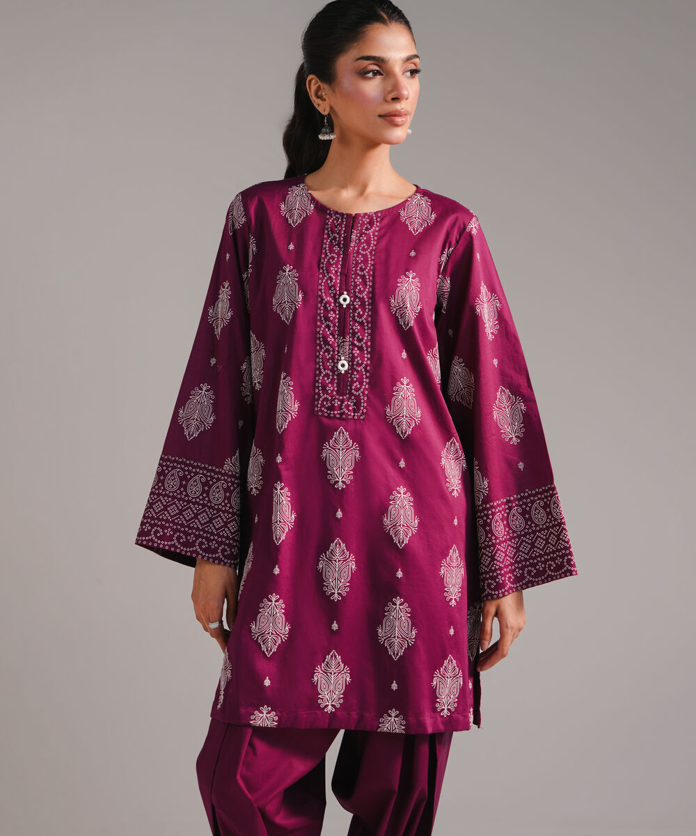 Women's RTW Lawn Printed Purple Straight Shirt