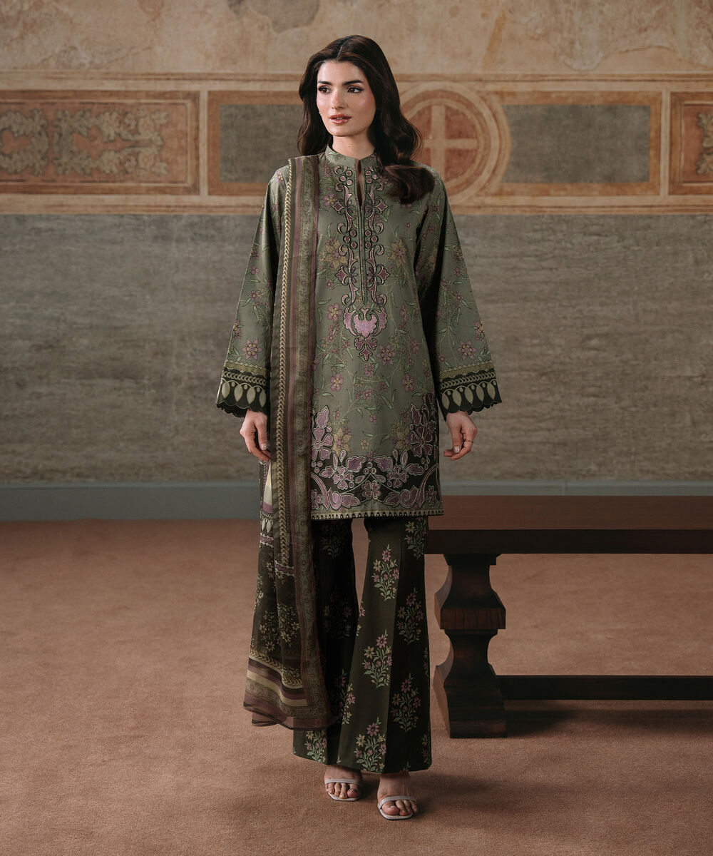 Women's Unstitched Lawn Embroidered Moss Green 3 Piece Suit