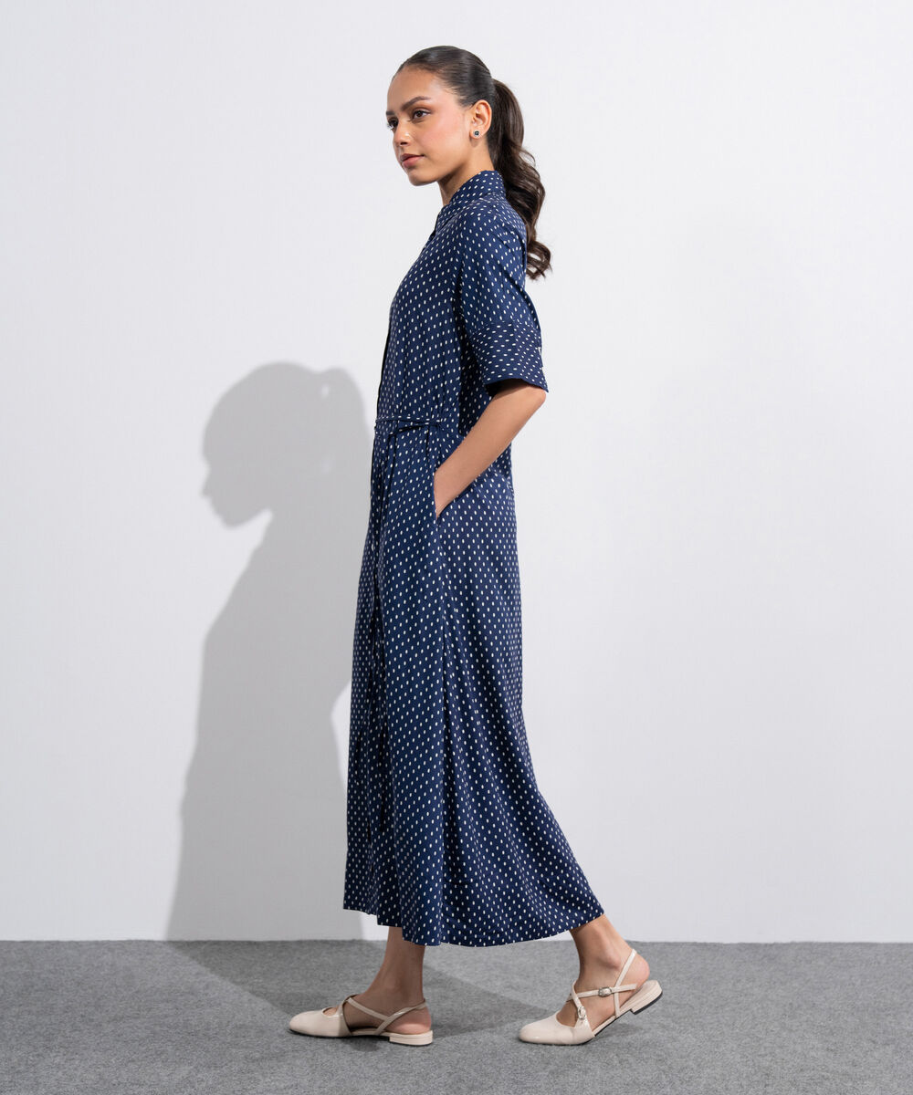 Women's Western Blue And  White Polka Dots Flowy Dress