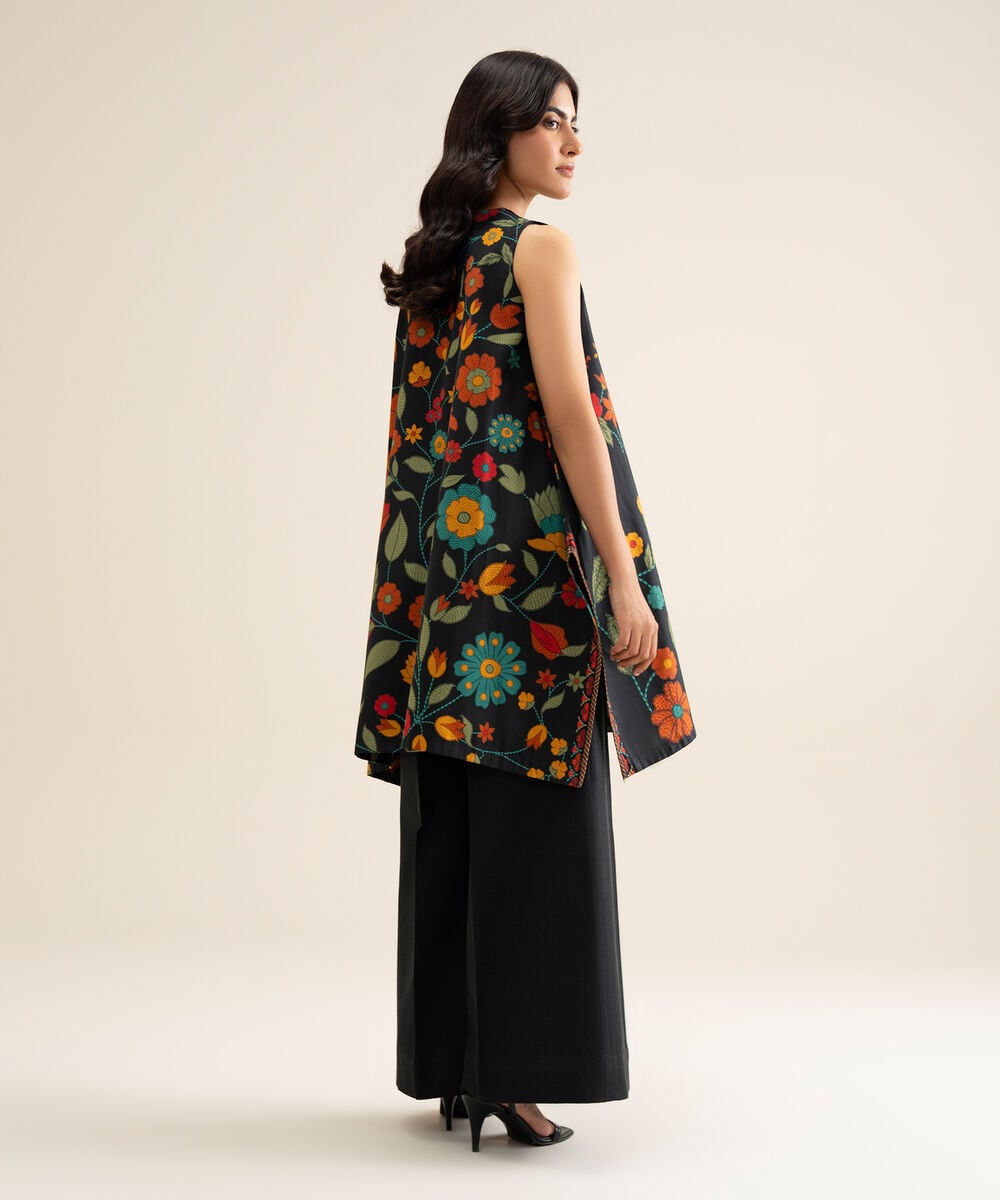 Women's Unstitched Cotton Printed Black 2 Piece Suit