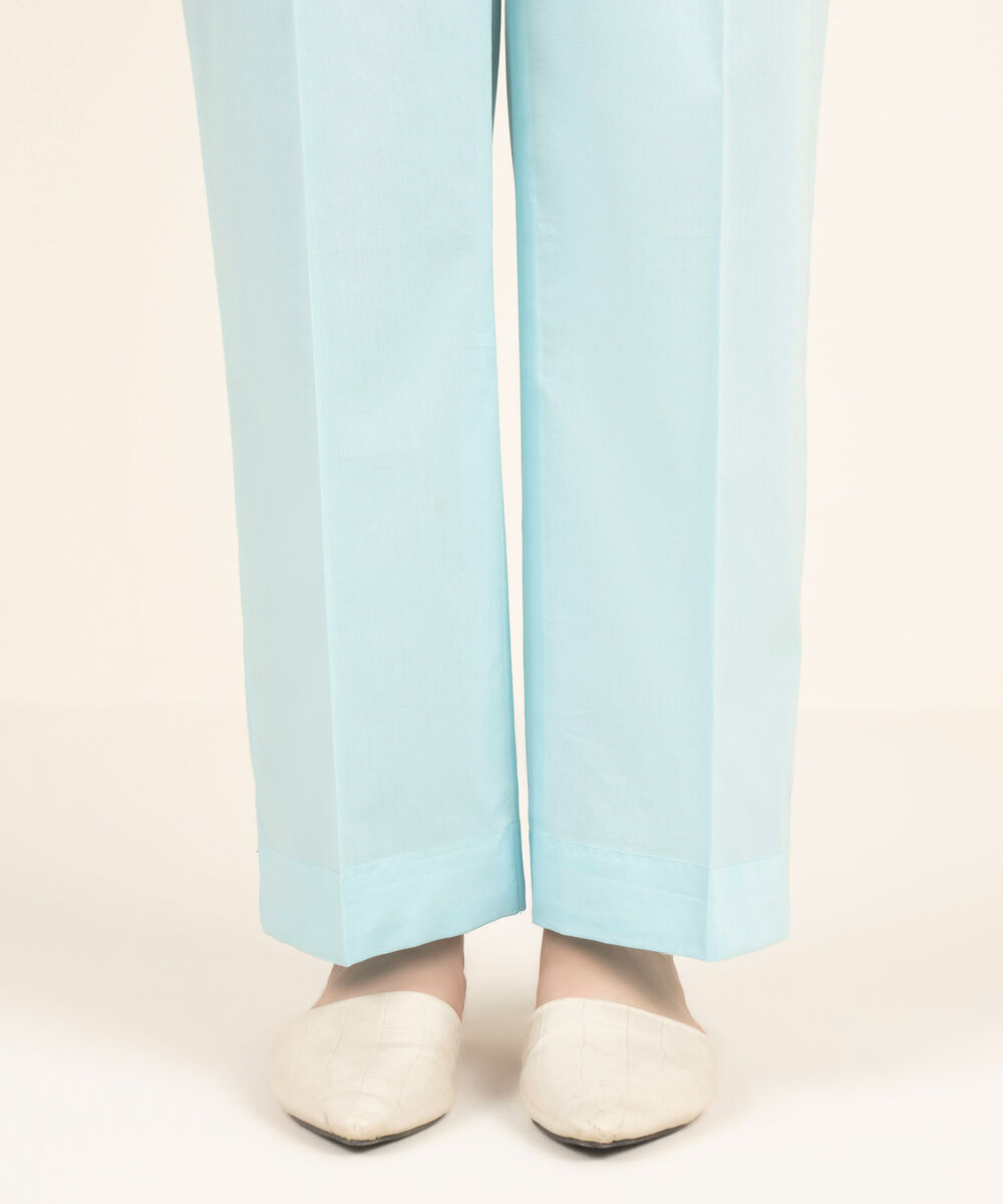 Women's RTW Cambric Solid Blue Straight Pants