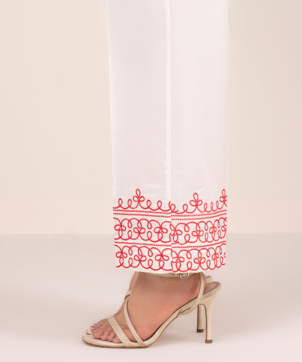 Women's RTW Cambric Embroidered White Straight Pants