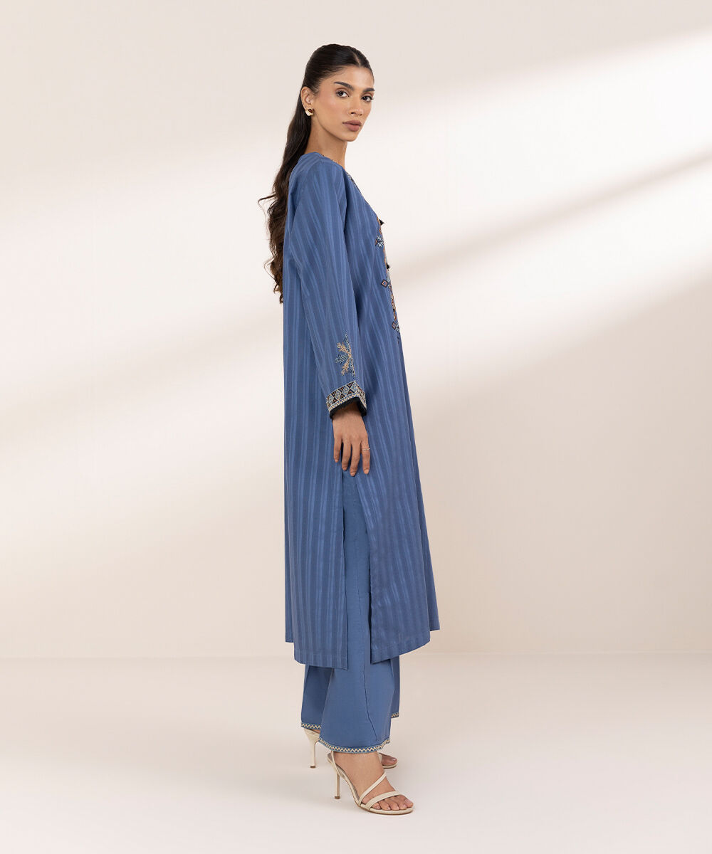 Women's RTW Textured Cotton Blue Embroidered A-Line Shirt