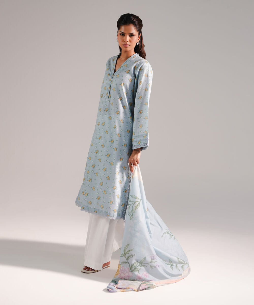 Women's RTW Dobby Printed Light Blue 2 Piece Suit