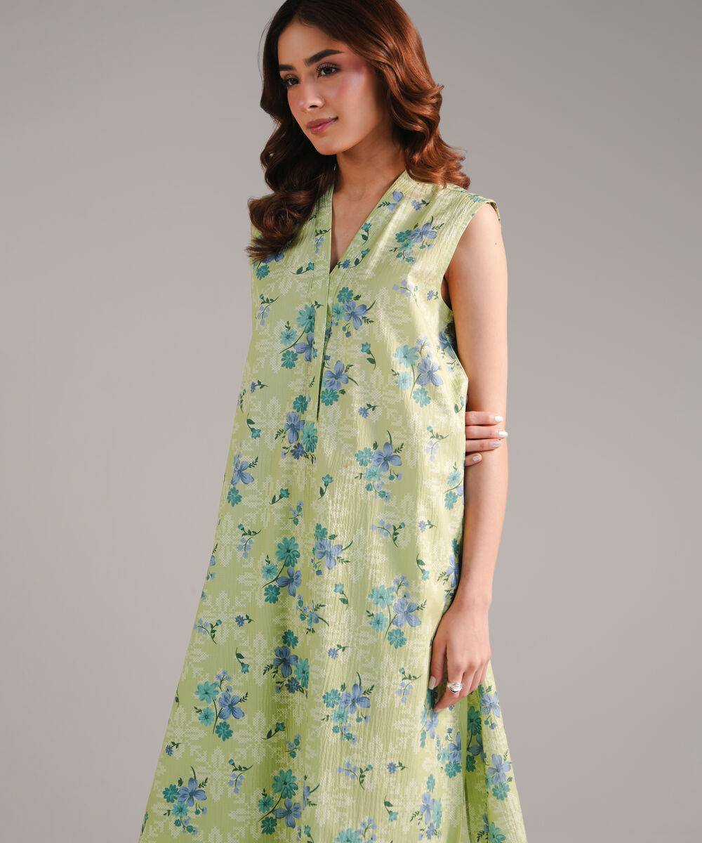 Women's RTW Seersucker Printed Green 2 Piece Suit