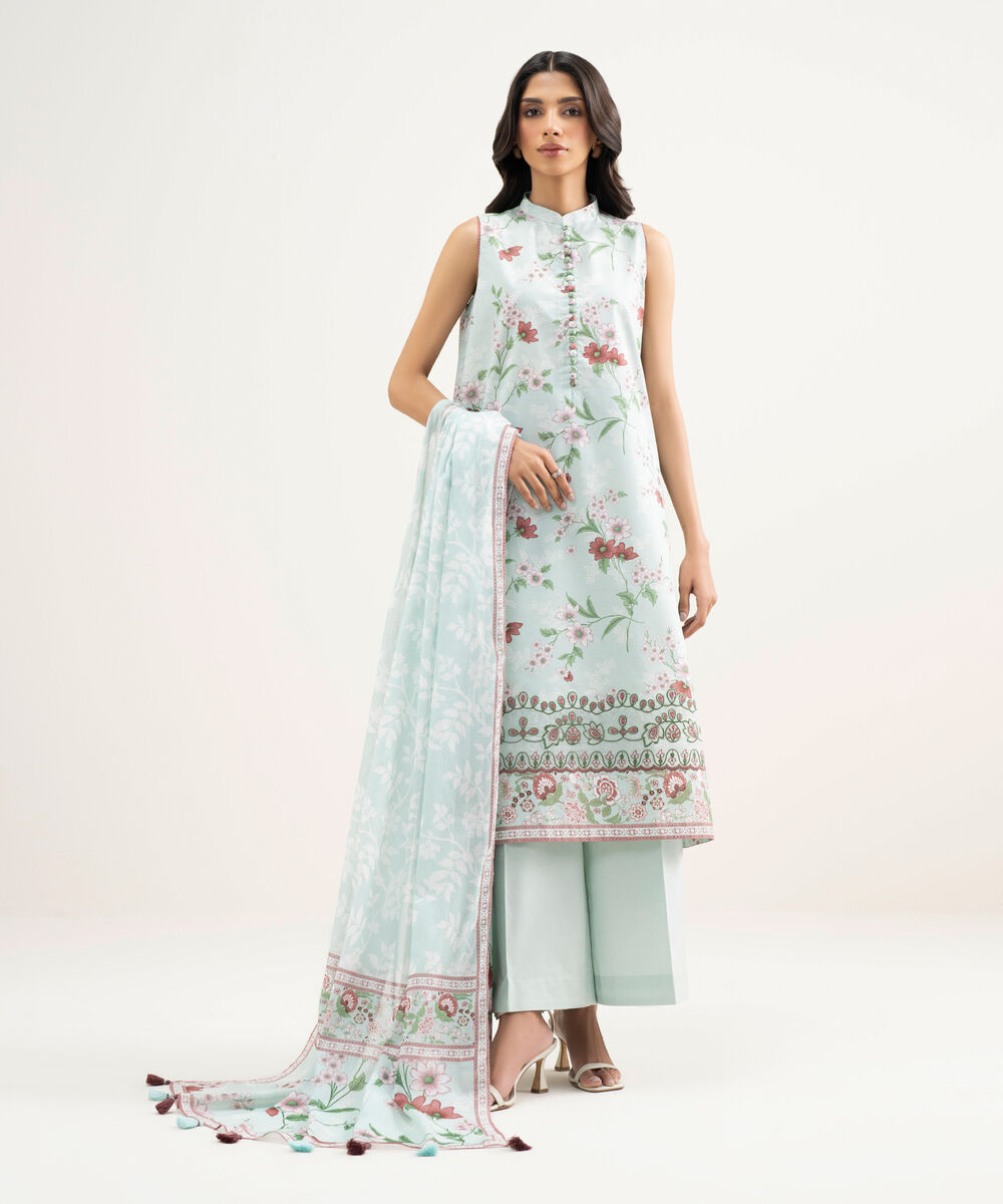 Women's Unstitched Zari Lawn Embroidered Blue 3 Piece Suit
