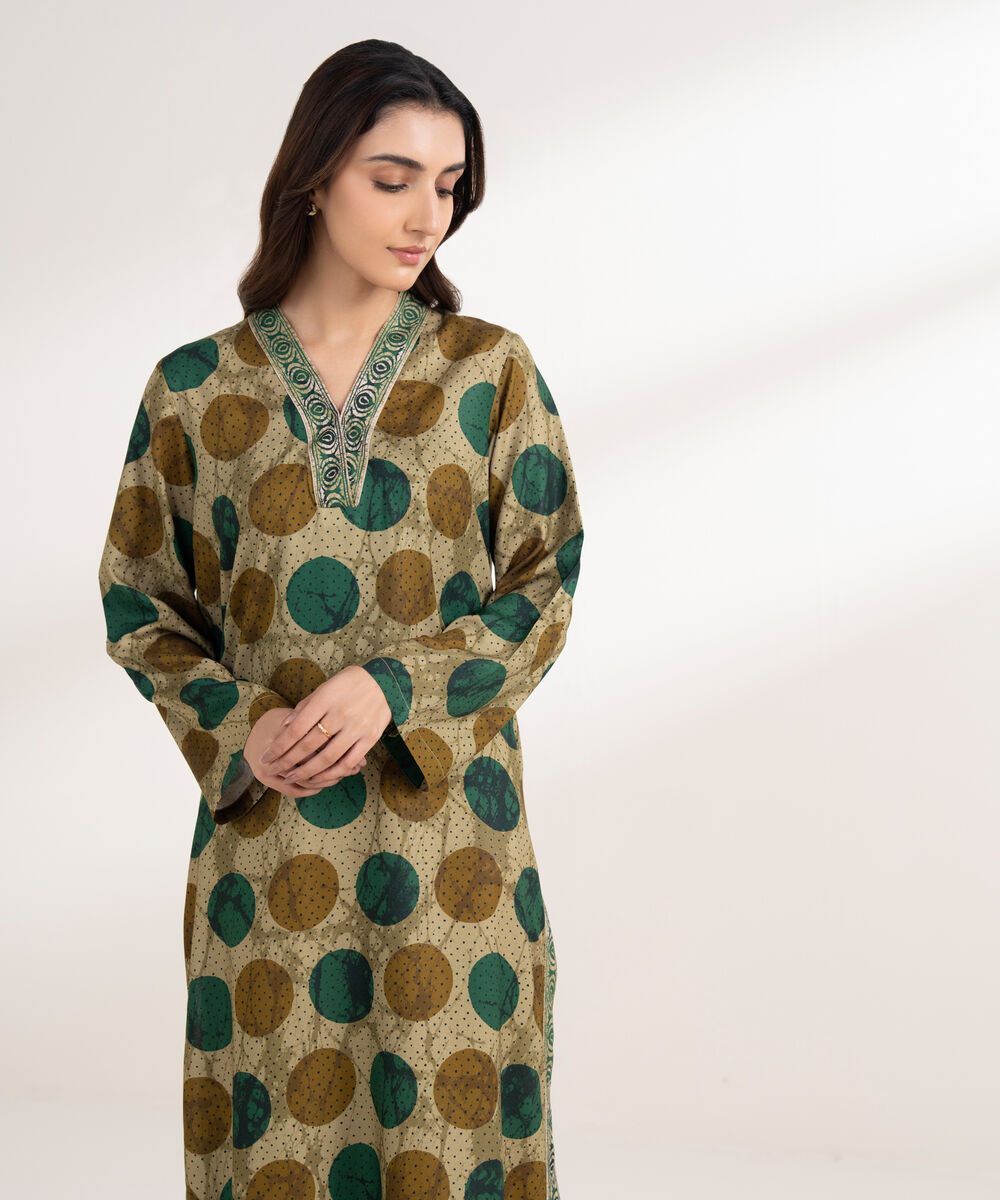 Women's RTW Viscose Linen Printed Straight Olive Green Shirt