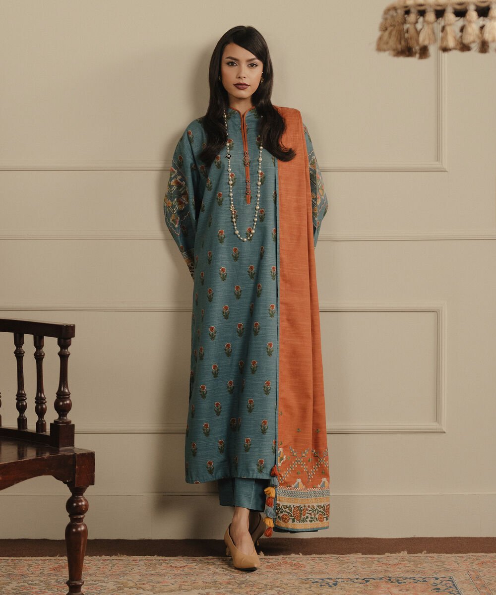 Women's Unstitched Printed Khaddar Blue 3 Piece Suit