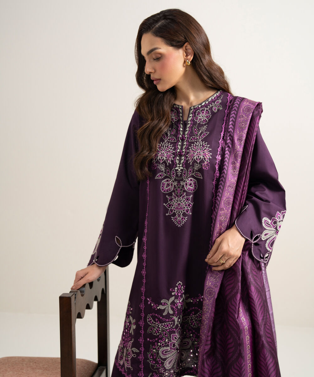 Women's Unstitched Textured Lawn Embroidered Deep Purple 3 Piece Suit