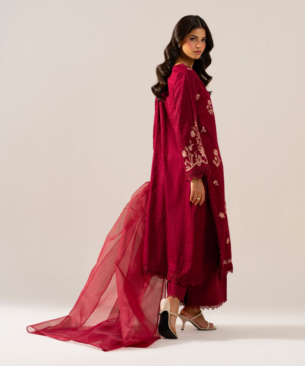 Women's RTW 3D dobby Solid Embroidered Maroon 3 Piece Suit