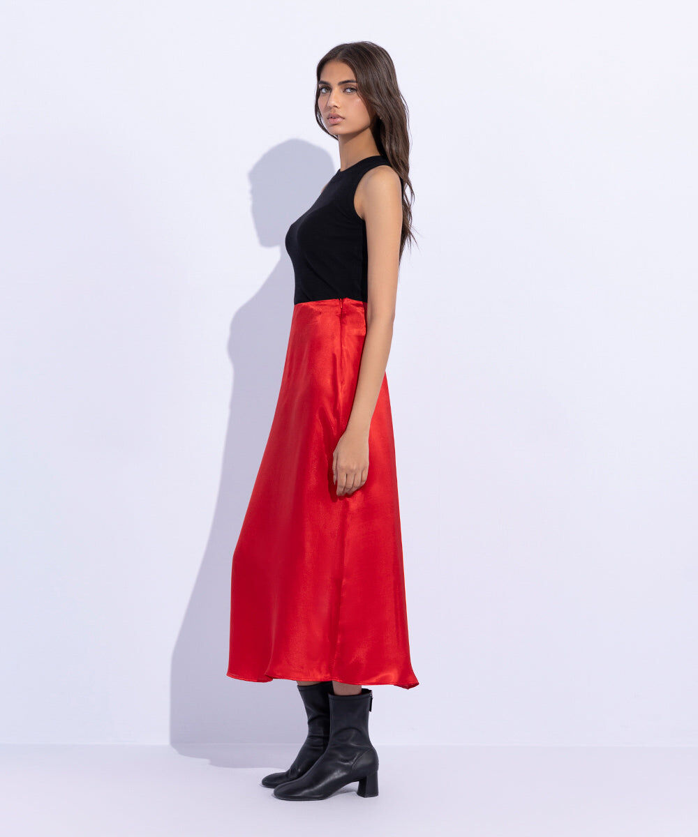 Woman - Red Satin Skirt