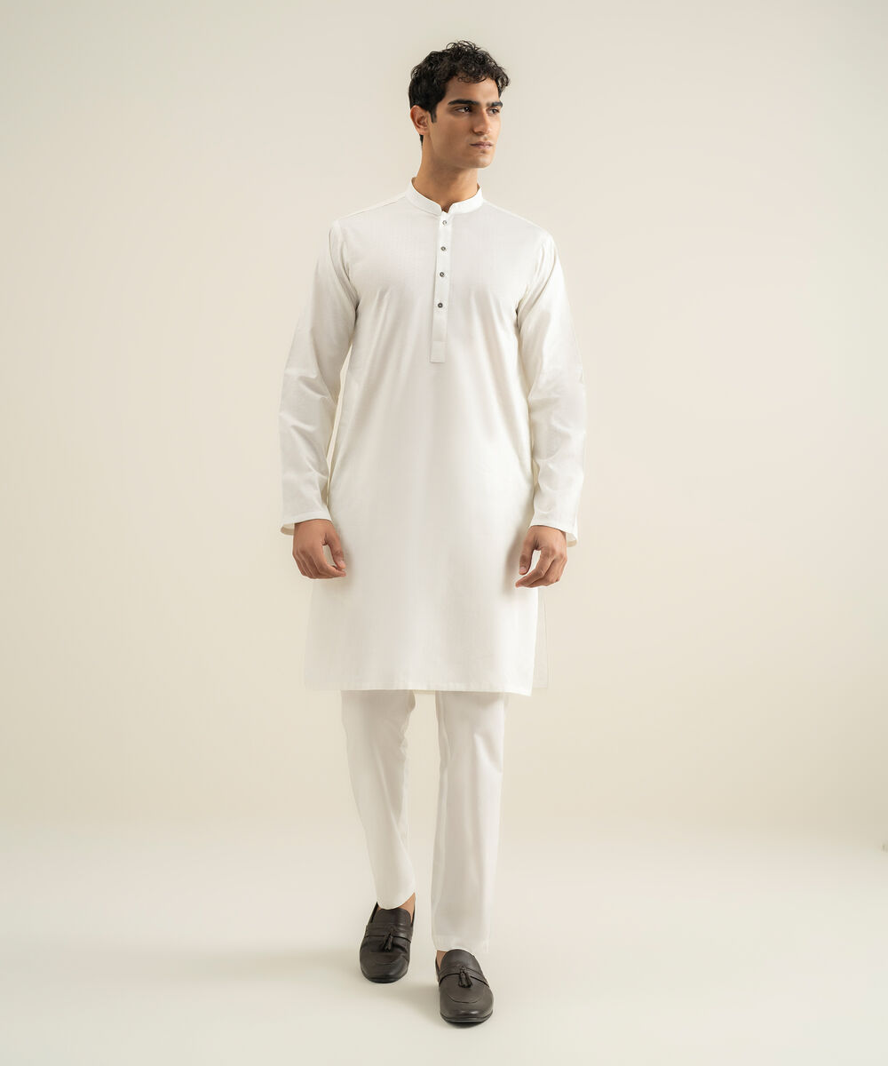 Men's ash white Cotton Jacquard Kurta