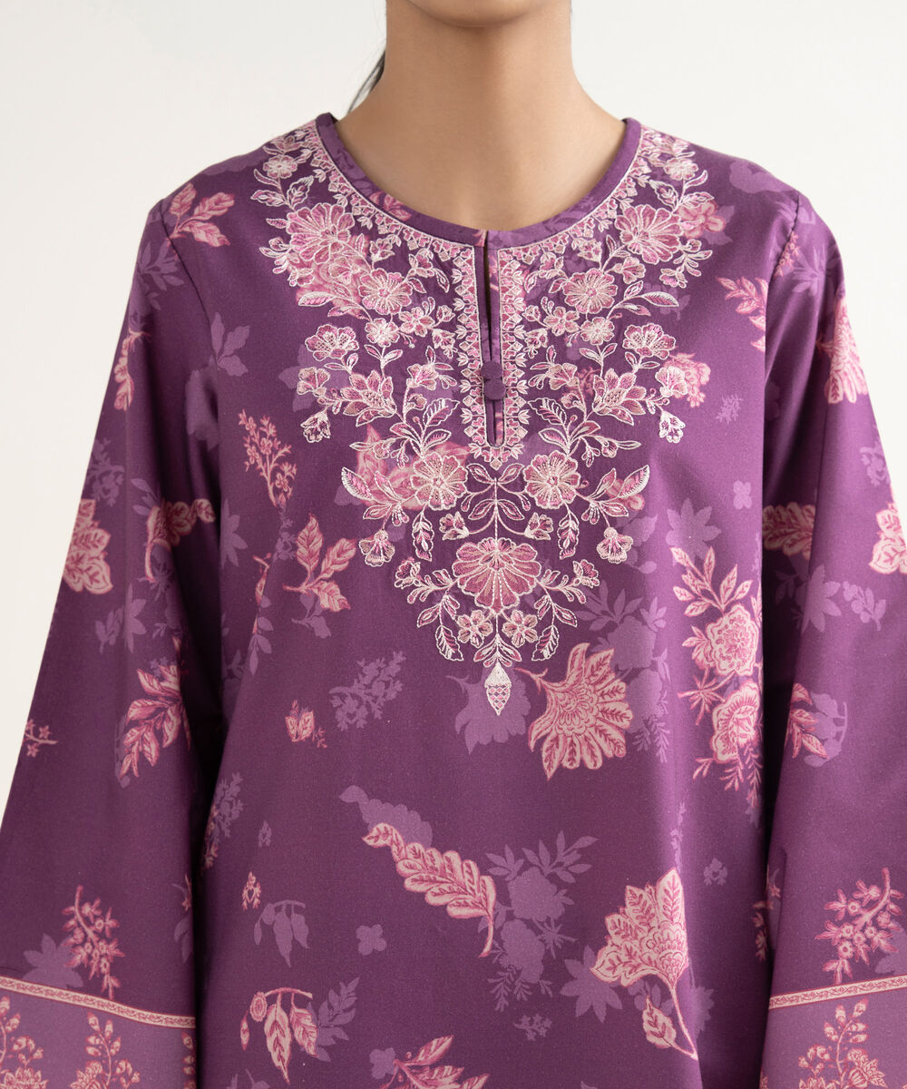 Women's Unstitched Cotton Embroidered Purple 3 Piece Suit