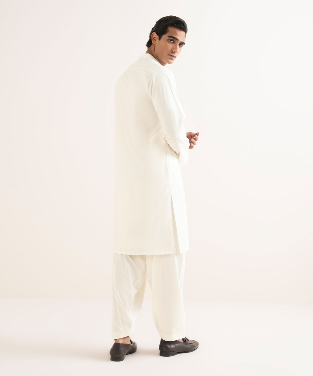 Men's Stitched Textured Wash & Wear Off White Suit