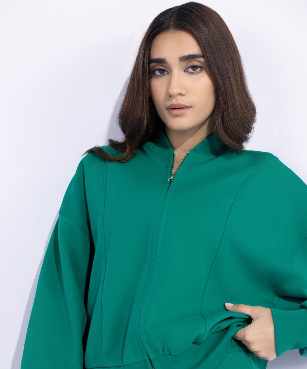 Scuba Zipped Sweatshirt Women's Western Wear Green Jacket
