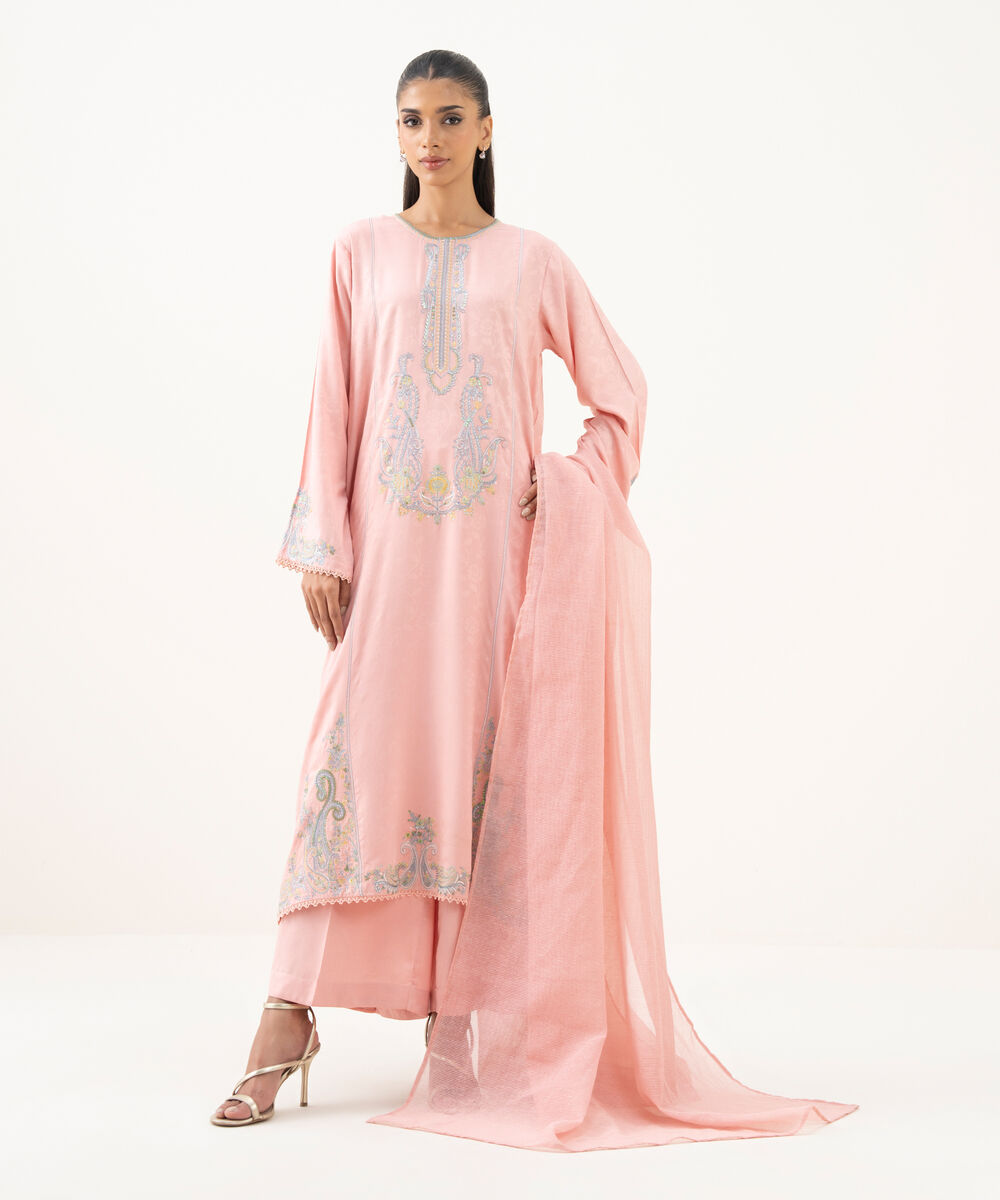 Women's RTW Textured Viscose Embroidered A-Line Pink Shirt