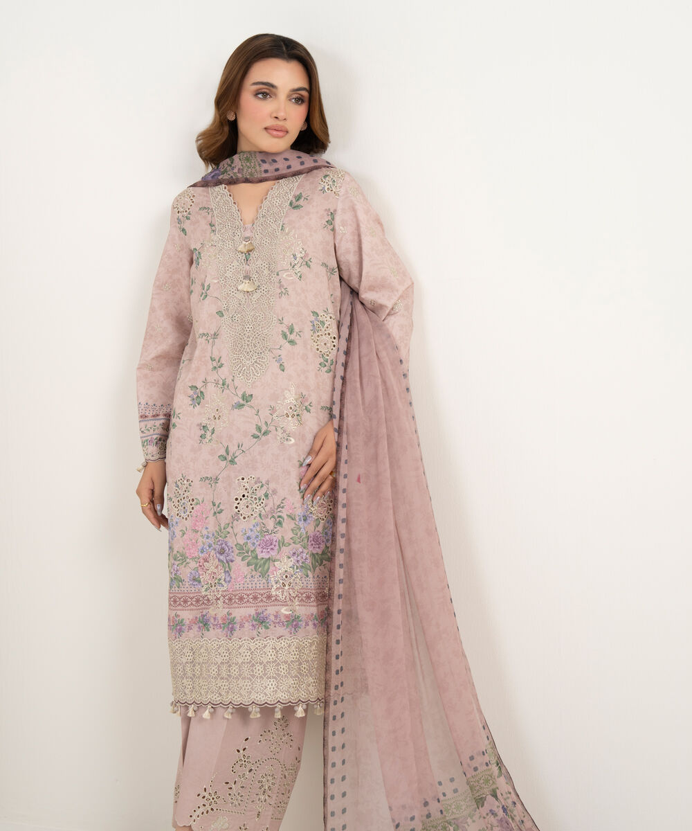 Women's Unstitched Fine Lawn Embroidered Pink 3 Piece Suit