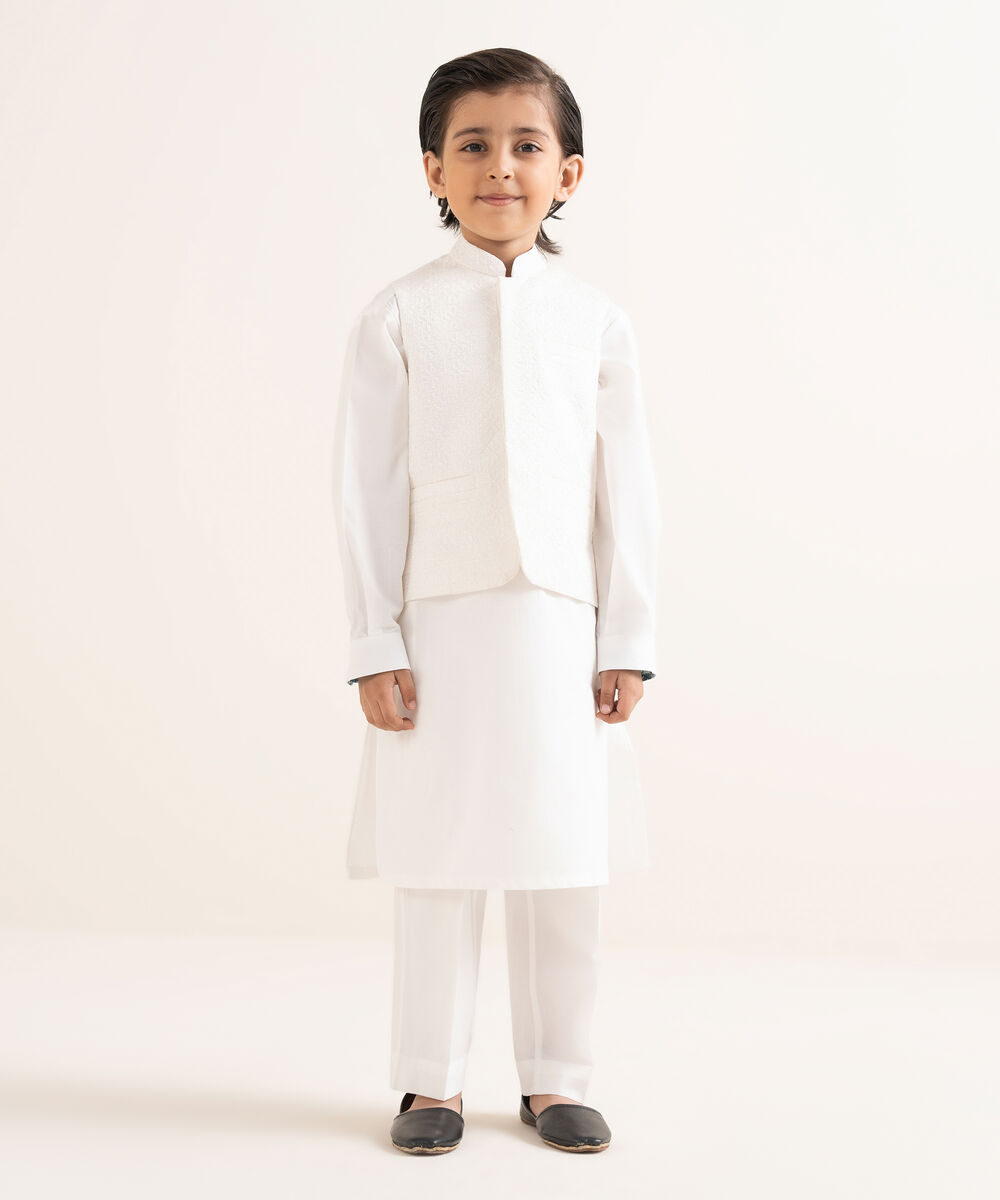 Boy's Stitched Premium Cotton Off White Waistcoat