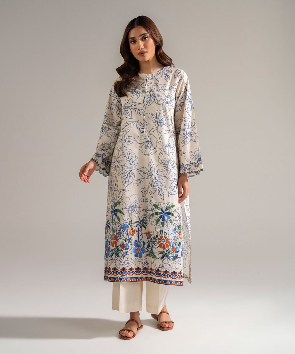 Women's RTW Cambric Embroidered White 2 Piece Suit