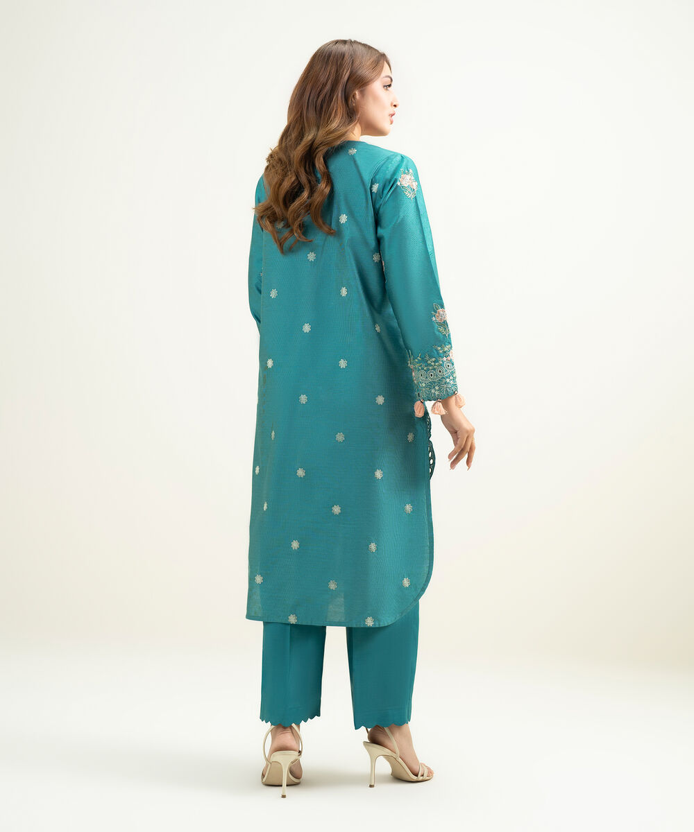 Women's RTW Silk Cotton Net Embroidered Teal 2 Piece Suit