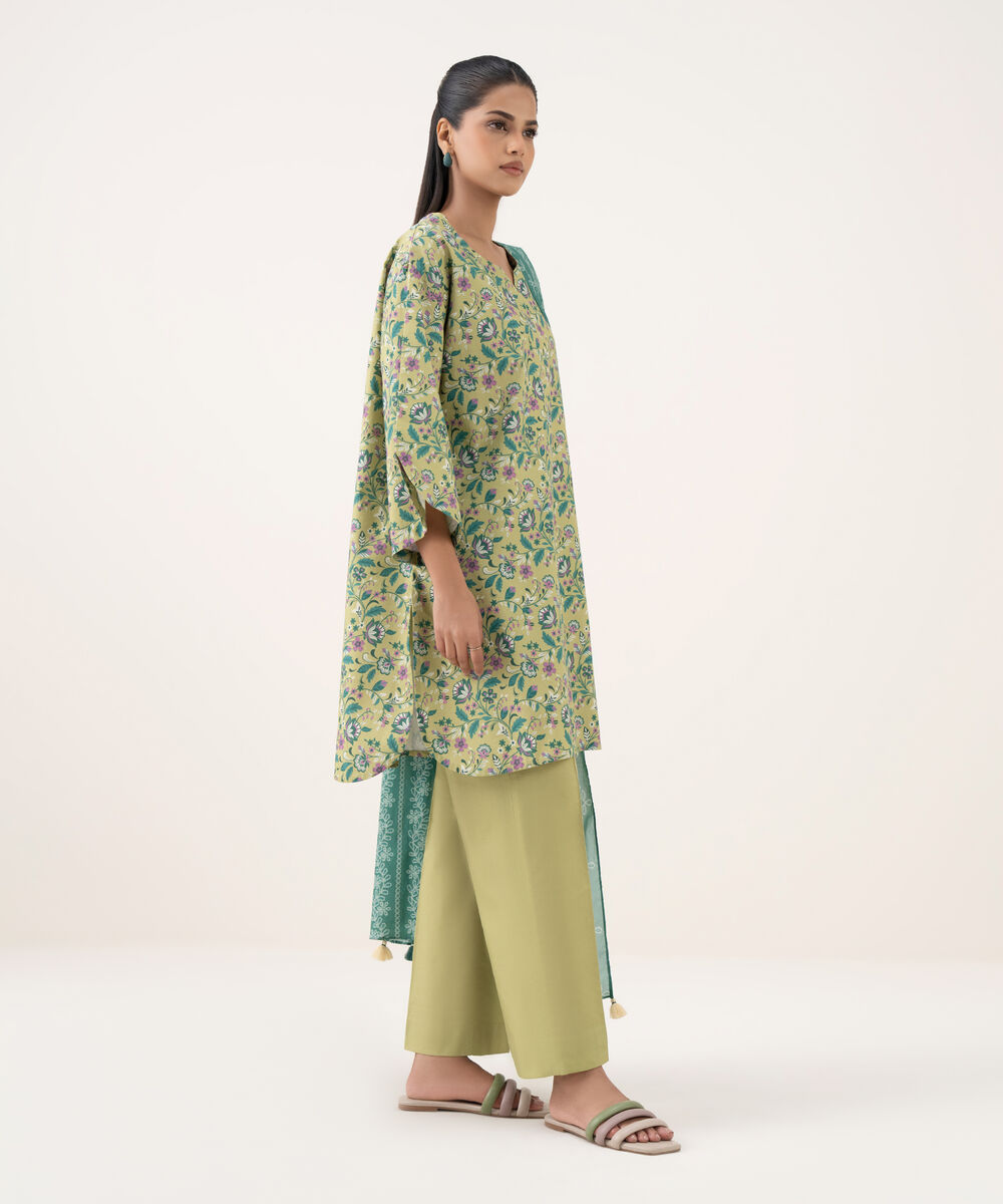 Women's Unstitched Cotton Printed Green Three Piece Suit