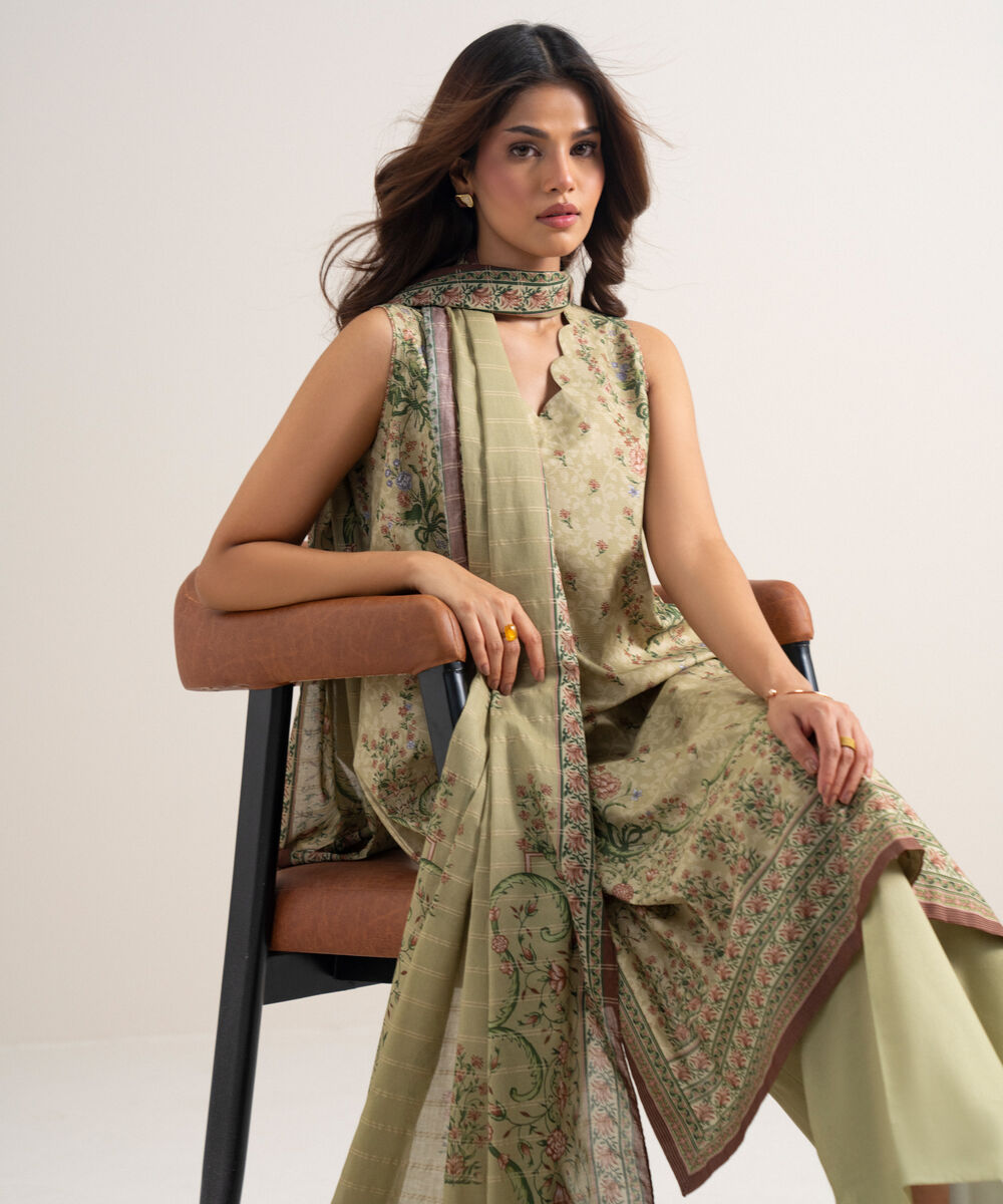 Women's Unstitched Zari Lawn Printed Beige 3 Piece Suit
