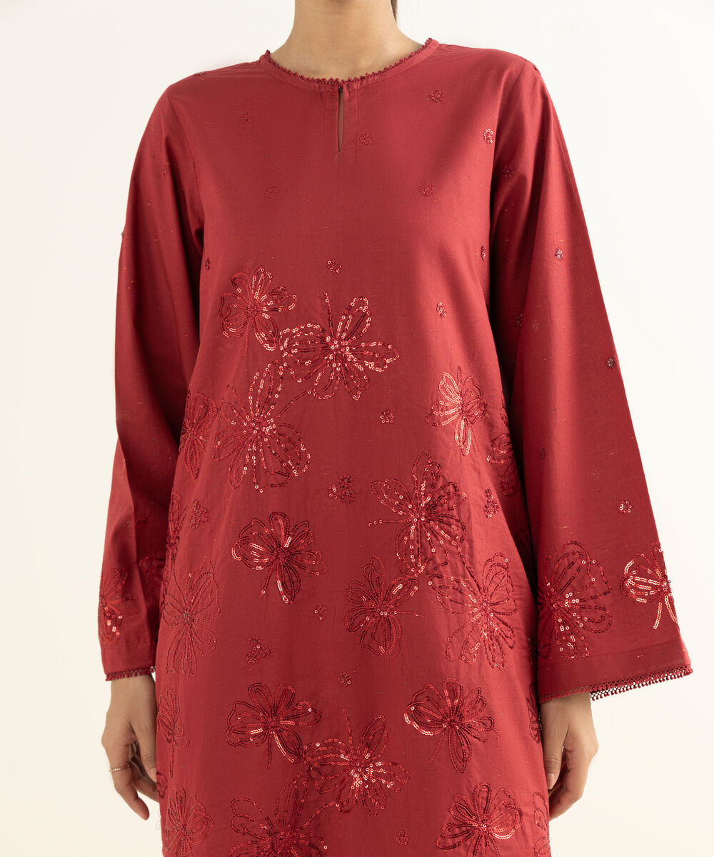 Women's RTW Multineps Embroidered Red Straight Shirt