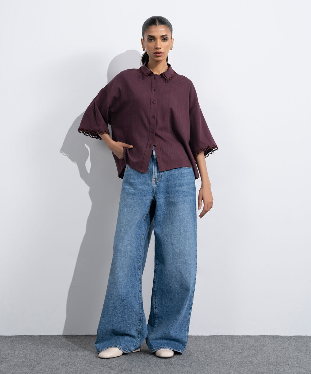 Women's Western Maroon Regular-Fit Shirt With Lace Trims