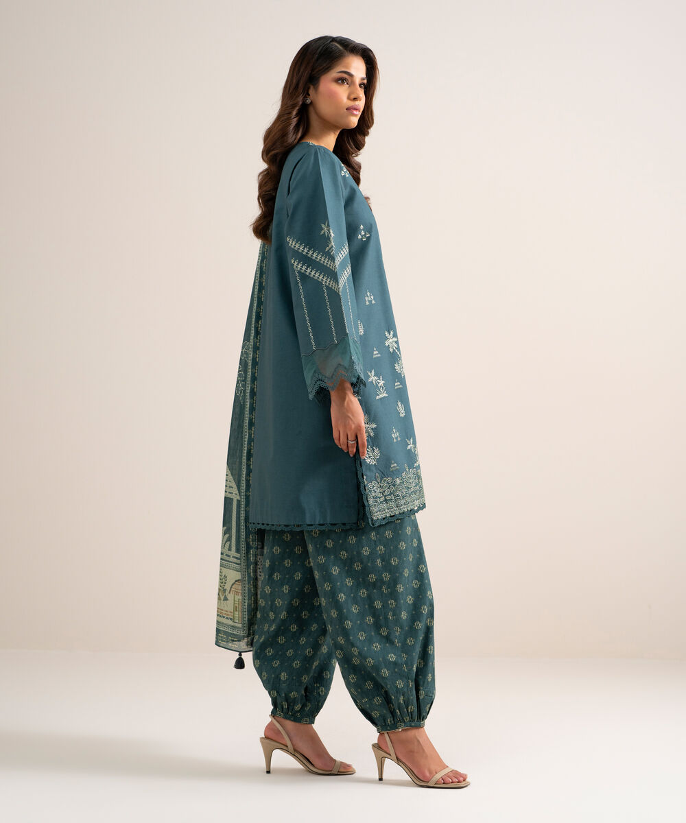 Women's Unstitched Cotton Embroidered Blue 3 Piece Suit