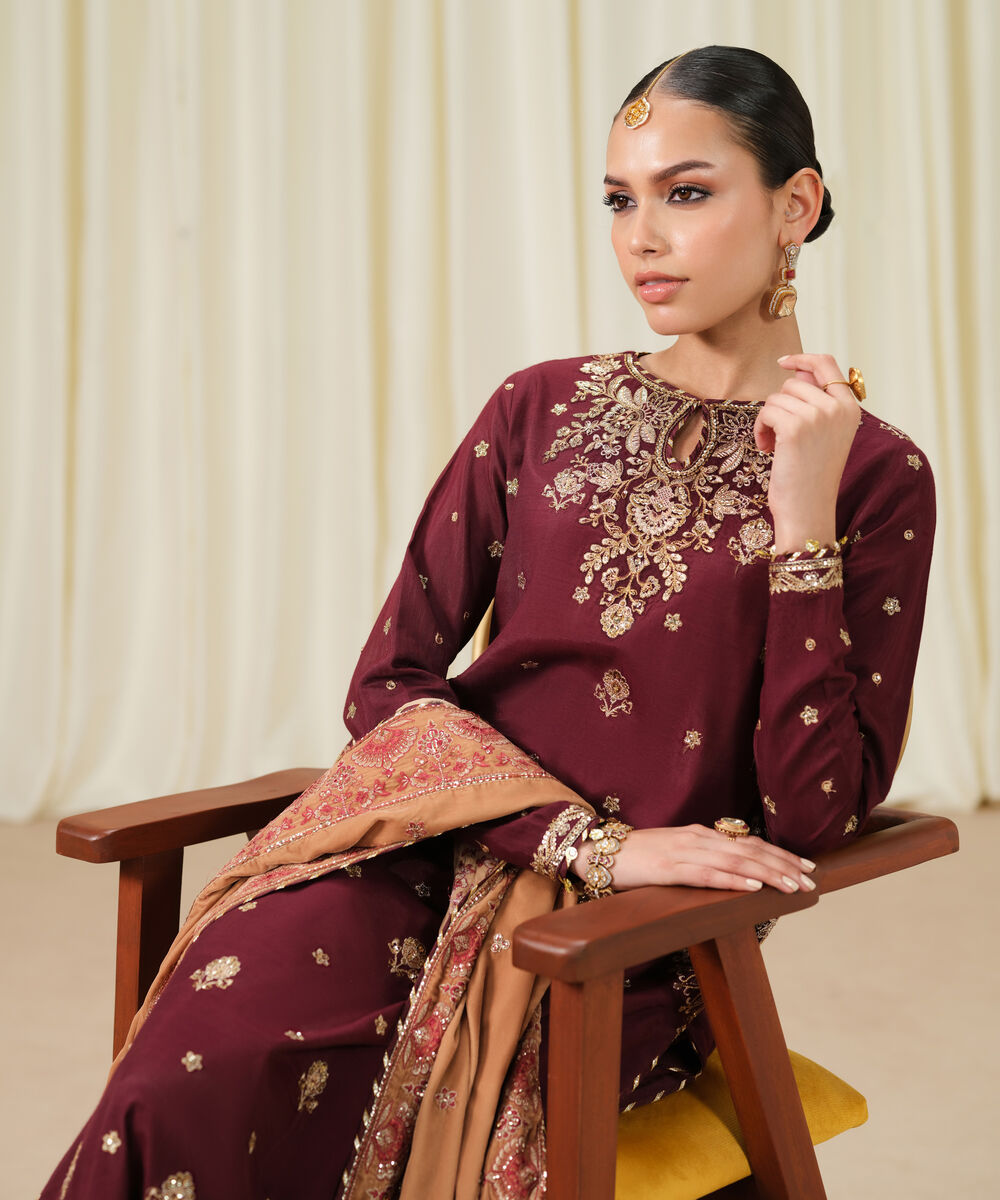 Women's Unstitched Embroidered Viscose Raw Silk Maroon 3 Piece Suit