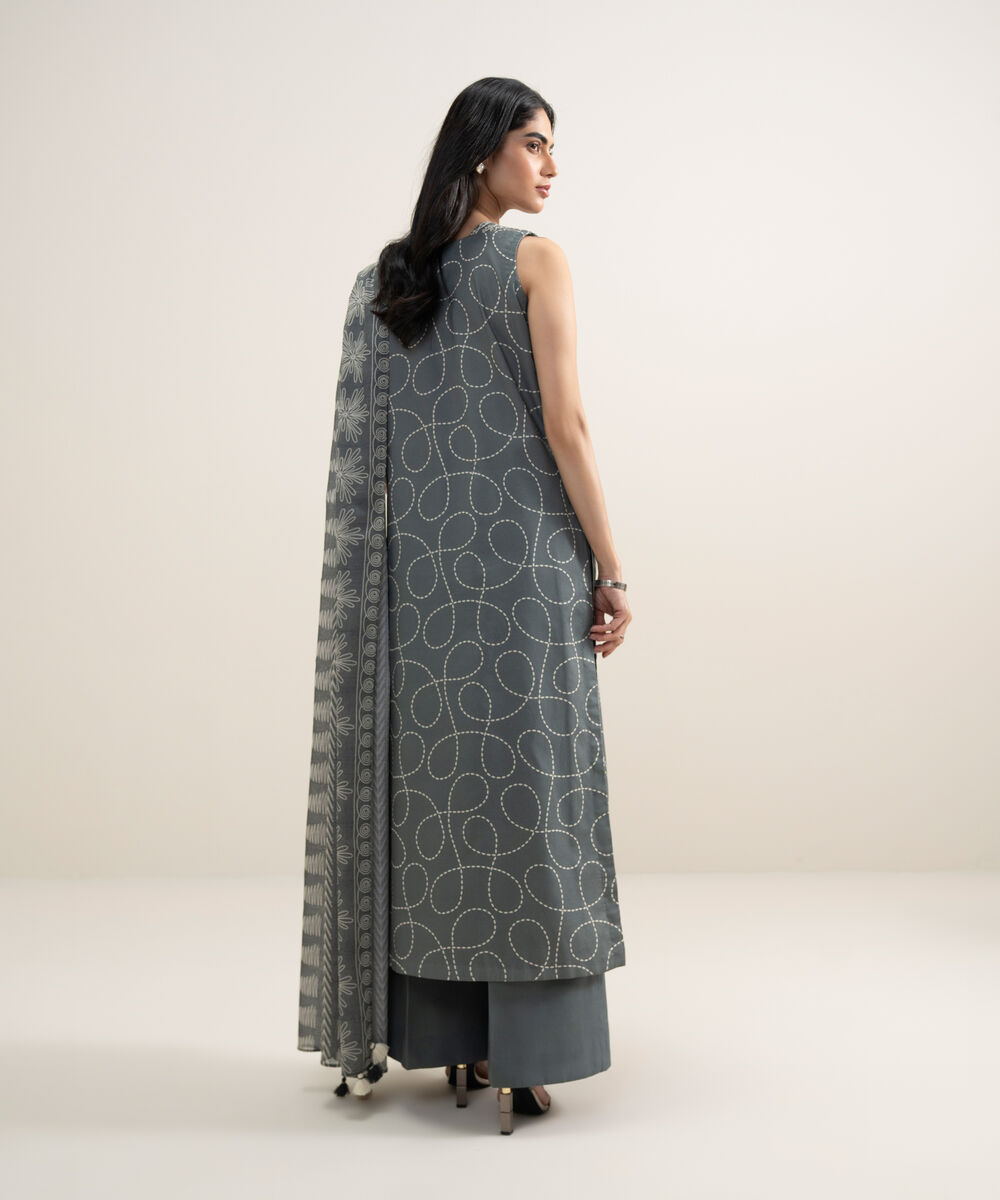 Women's Unstitched Lawn Printed Grey and Off White 2 Piece Suit