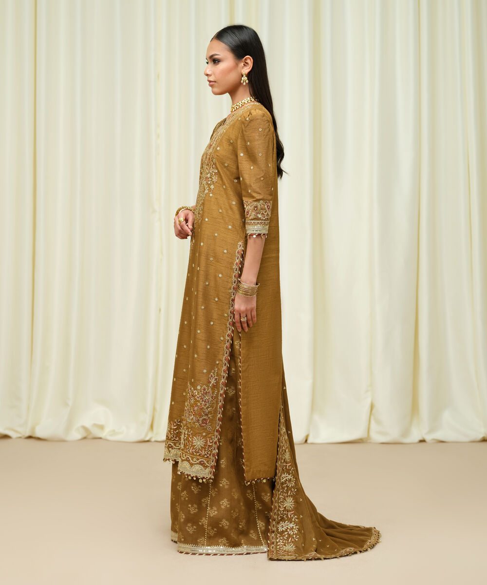 Women's Unstitched Raw Silk Embroidered Brown 3 Piece Suit