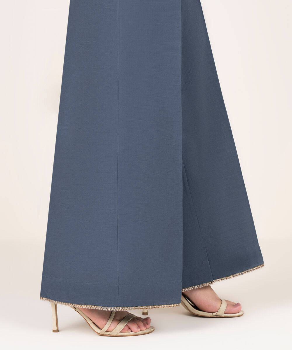 Women's RTW Cotton Solid Blue Flared Pants