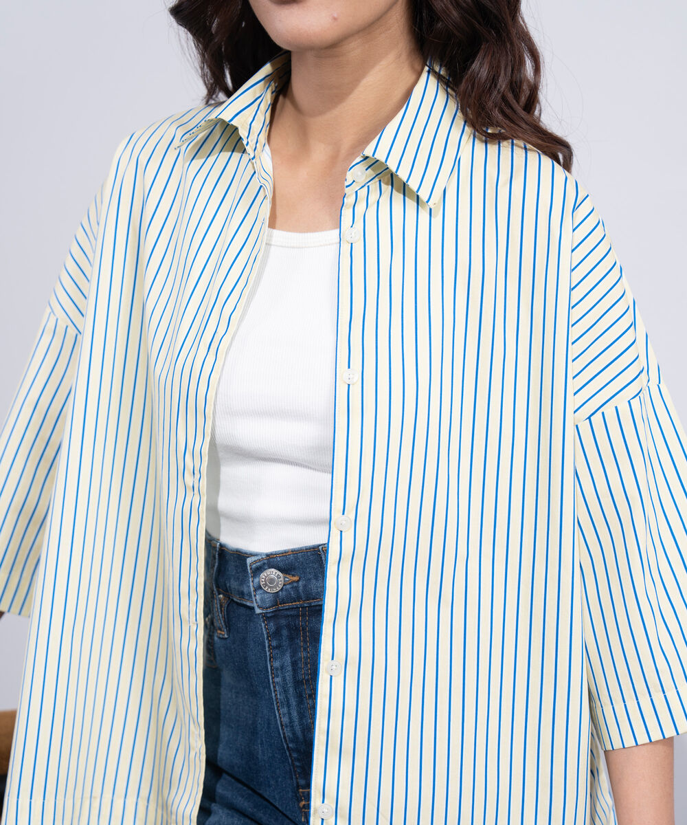 Women's Western Yellow And Blue Boxy Stripe Printed Shirt