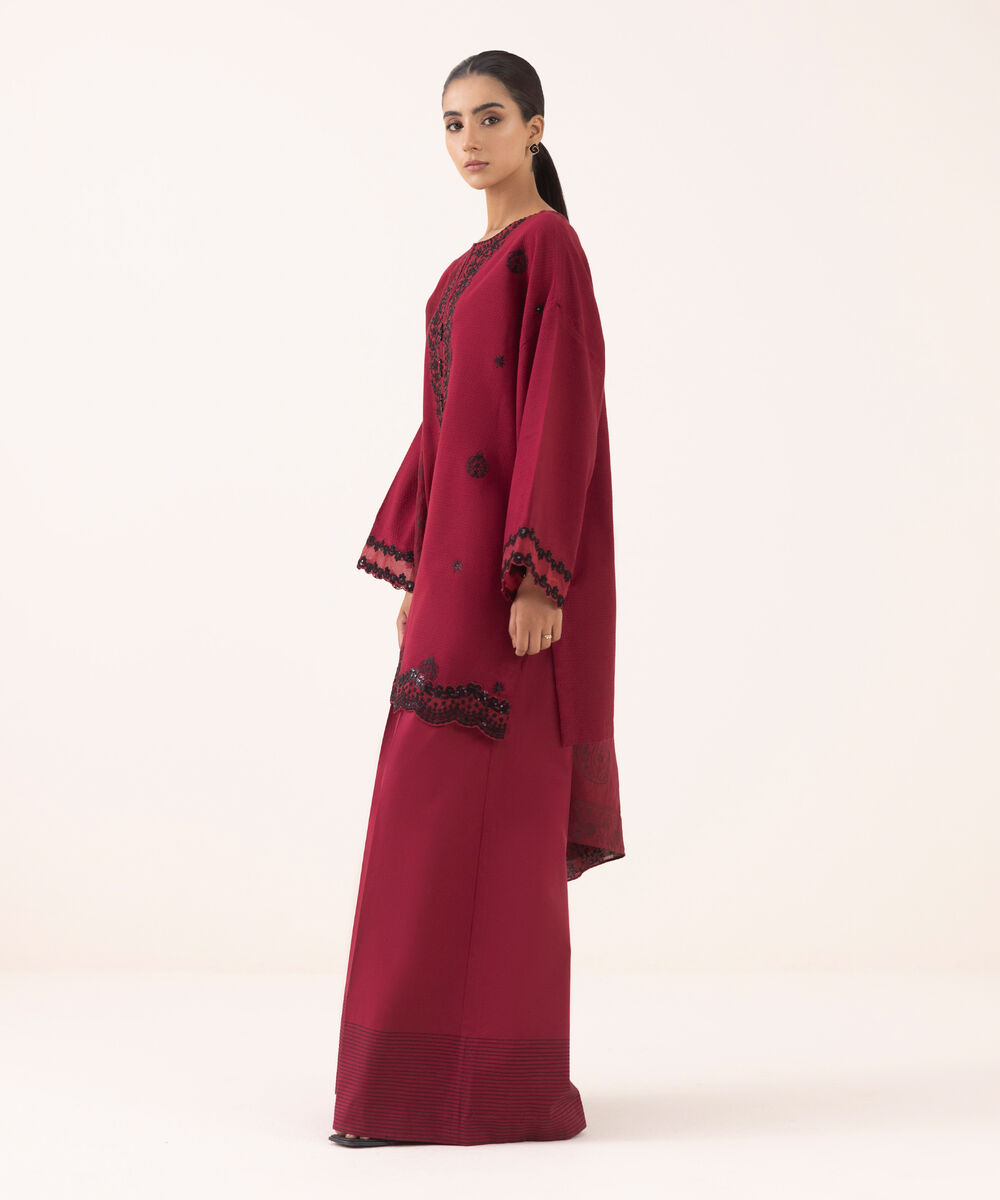 Women's Unstitched Dobby Embroidered Maroon Three Piece Suit